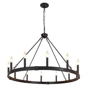 Farmhouse 12-Light Black Wagon Wheel Chandelier, 37.4 in. Round High Ceiling Lighting for Kitchen Island Entryway Foyer