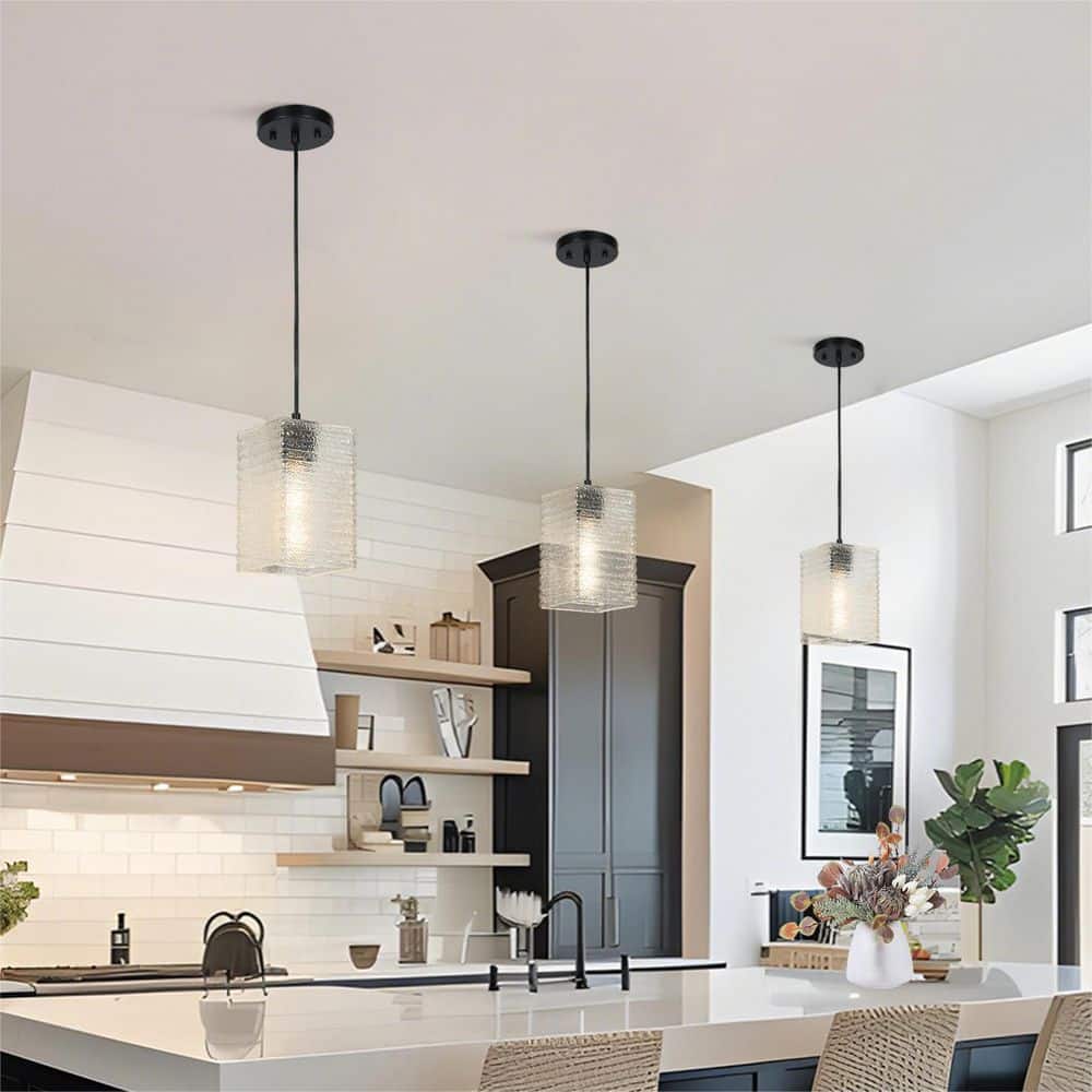 Modern 1-Light Matte Black Pendant Light with Textured Glass, Transitional Square Mini Pendant Hanging Light for Kitchen price history on PriceWatchPro