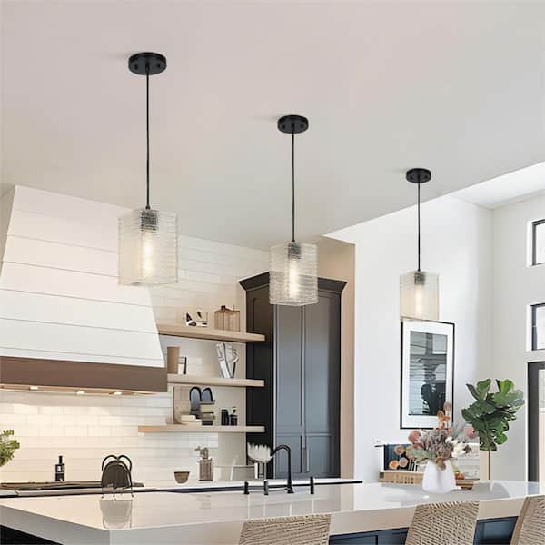 Modern 1-Light Matte Black Pendant Light with Textured Glass, Transitional Square Mini Pendant Hanging Light for Kitchen