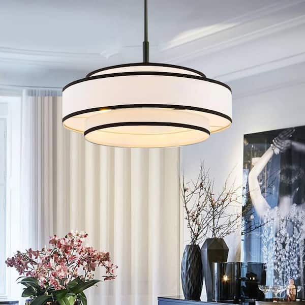 24 in. 5-Light Black Double Shaded Drum Chandelier with White Fabric Shade