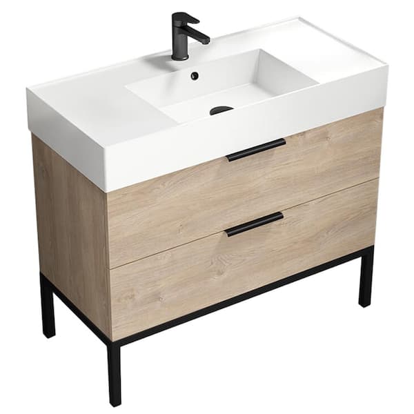 DERIN Derin 39.53 in. W x 39.53 in. D x 34.65 in. H FreeStanding Bath Vanity in Brown Oak with Vanity Top Basin in White