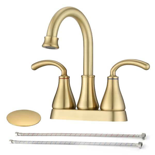 4 in. Centerset Double Handle Mid Arc Bathroom Faucet with Drain Kit Included in Brushed Gold