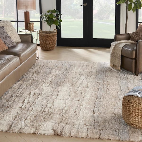 Luxurious Shag Ivory Beige 7 ft. x 9 ft. Abstract Contemporary Area Rug