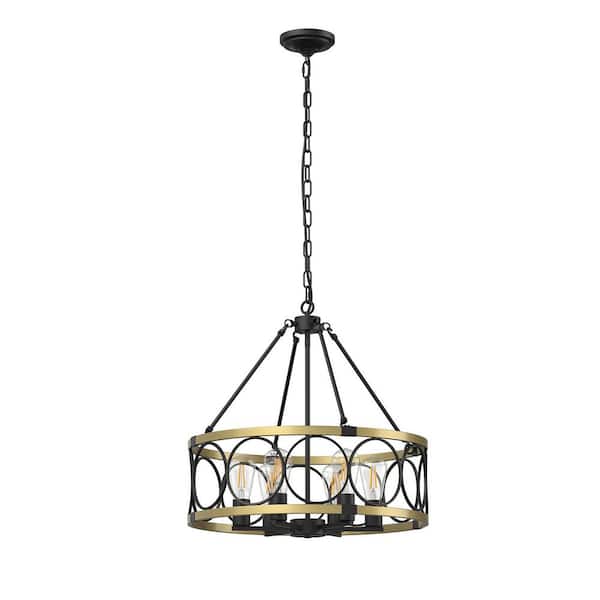 6-Light Black and Gold Drum Chandelier, Dimmable Dining Room Ceiling Light for Kitchen Island Foyer Entryway