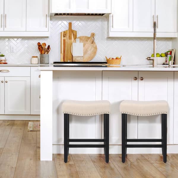 Jameson 24 in. Counter Height Black Wood Backless Barstool with Upholstered Beige Linen Saddle Seat (Set of 2)