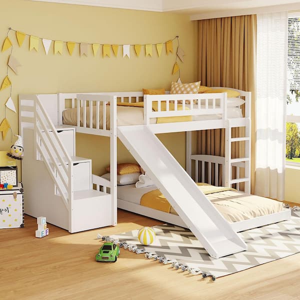 White Twin over Twin Bunk Bed with Storage Staircases, Slide, and Ladder