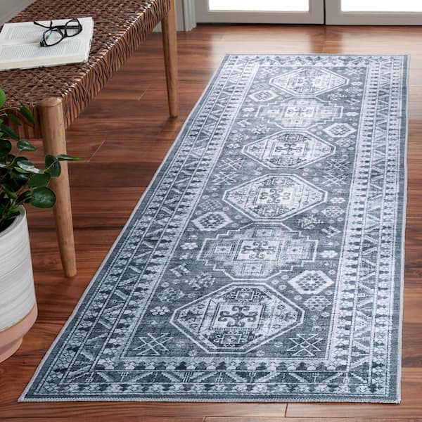 Arizona Gray Green/Ivory 3 ft. x 8 ft. Diamond Machine Washable Medallion Runner Rug