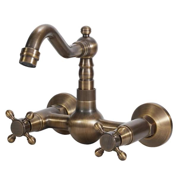 British Vintage Style 2-Handle Wall Mounted Standard Kitchen Faucet in Antique Brass