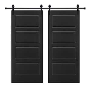 Double Modern 4-Panel 42 in. x 80 in. MDF Black Barn Sliding Door with Hardware Kit
