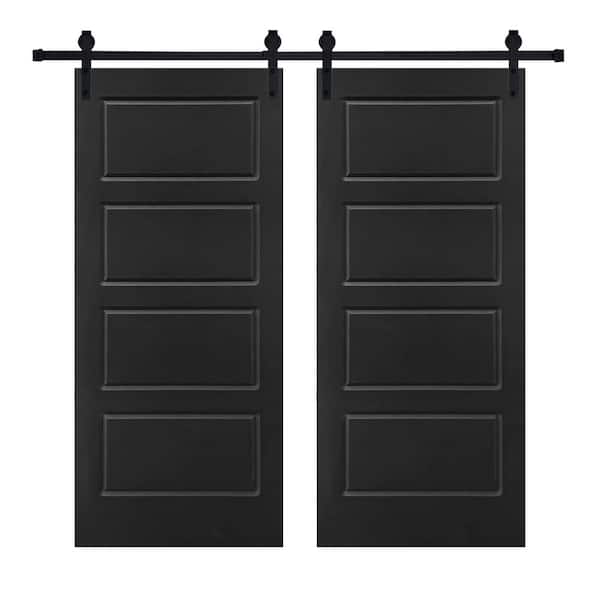 Double Modern 4-Panel 36 in. x 96 in. MDF Black Barn Sliding Door with Hardware Kit
