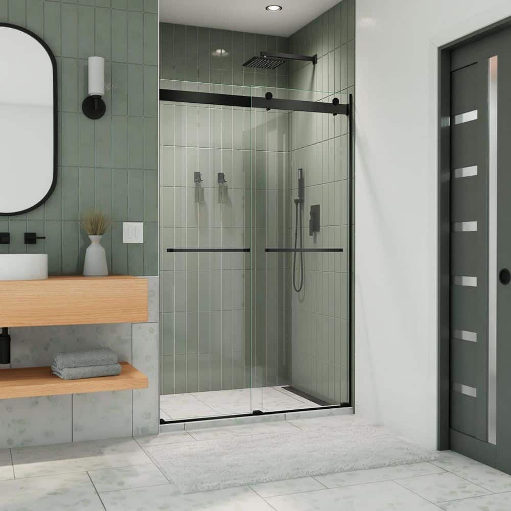 Matte Black Frameless Sliding Shower Door with Clear Glass
