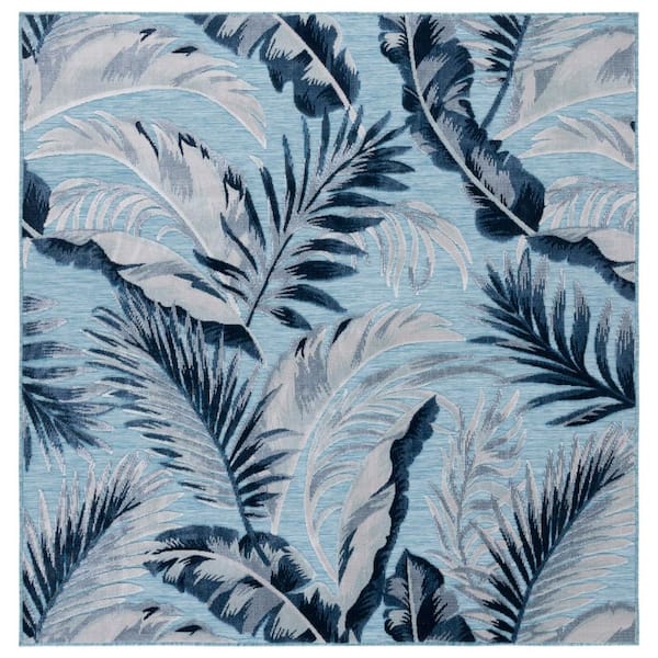 Cabana Aqua/Navy 6 ft. x 6 ft. High-Low Leaf Indoor/Outdoor Square Area Rug