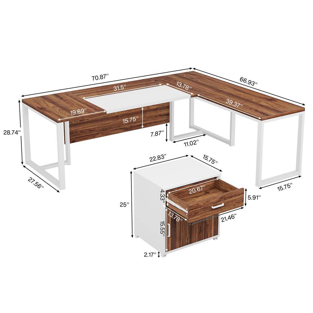Walnut and White L-Shaped Executive Desk with Filing Cabinet
