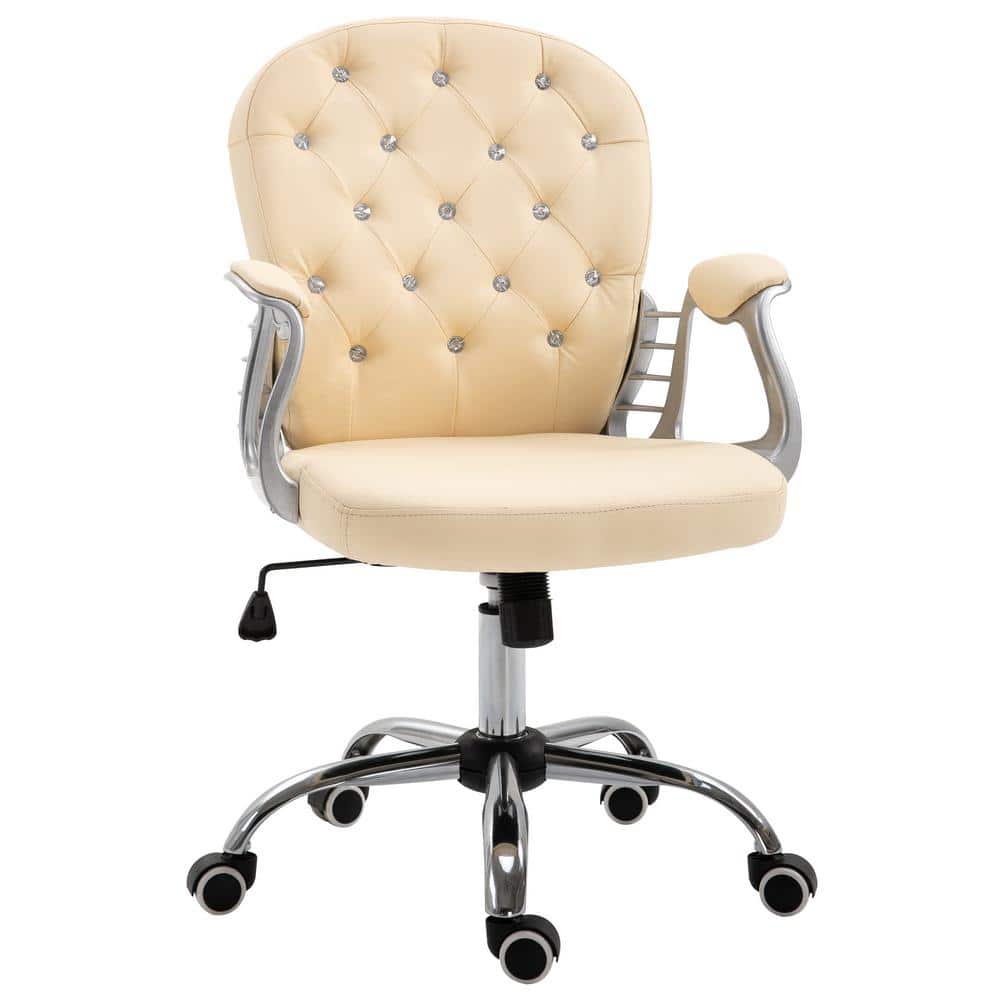 Beige Tufted Leather Swivel Executive Office Chair