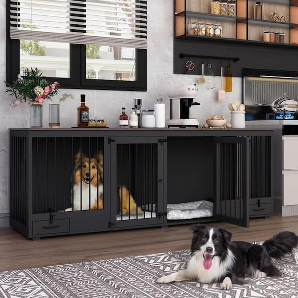Wooden Large Dog Crate with Dog Feeding Area, XL Black Furniture Style Dog House with Removable Irons for 2 Medium Dogs