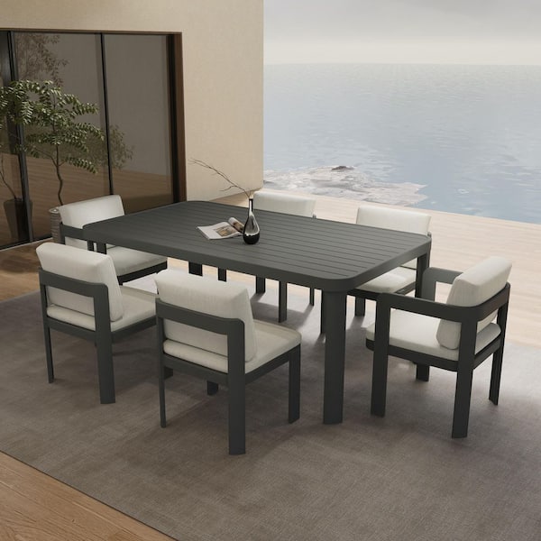 7-Piece Grey Aluminum Outdoor Patio Dining Set with Beige Cushions, Rust and Weather Resistant, Seats 6