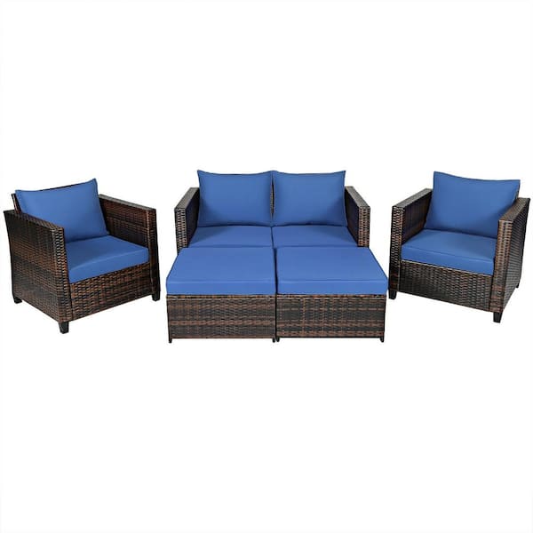 FORCLOVER 5-Piece Wicker Patio Conversation Set with Blue Cushions and 2 Ottomans