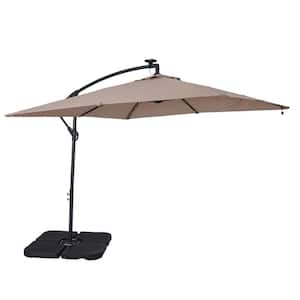 8.5 ft. Square Solar LED Outdoor Market Cantilever Patio Umbrella in Beige, with Crank and Base