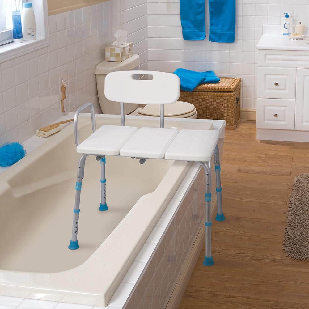 Off-White Adjustable Bath and Shower Transfer Bench with Aluminum Legs