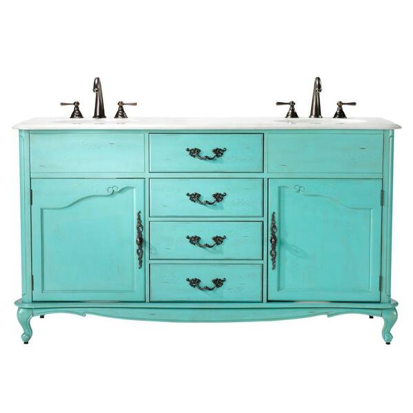 Home Decorators Collection Provence 62 in. W x 22 in. D Double Bath Vanity in Blue with Natural Marble Vanity Top in White