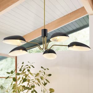 Oakley 5-Light Matte Black and Burnished Brass Mid-Century Modern Hanging Chandelier