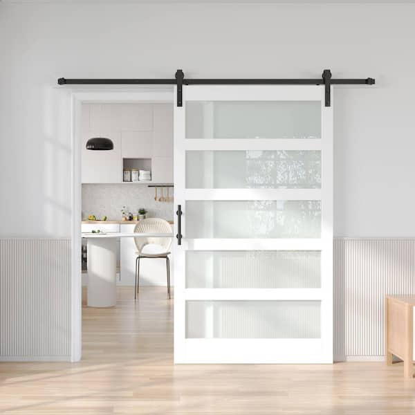48 in. x 96 in. 5-Lite Frosted Glass White MDF Assembly Required Interior Sliding Barn Door with Hardware Kit