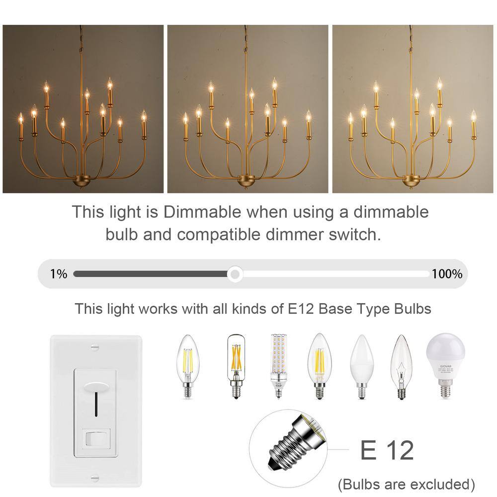 Gold 9-Light 2-Tier Candle Style Metal Chandelier