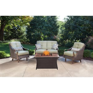 Ventura 4-Piece All-Weather Wicker Patio Conversation Set with Wood Grain-Top Fire Pit with Vintage Meadow Cushions