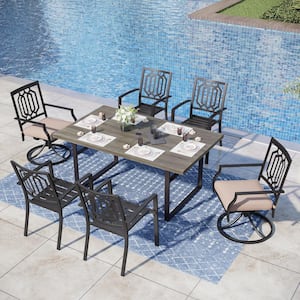 Black 7-Piece Metal Patio Outdoor Dining Set with U Shaped Rectangle Table and Swivel Chairs with Beige Cushions