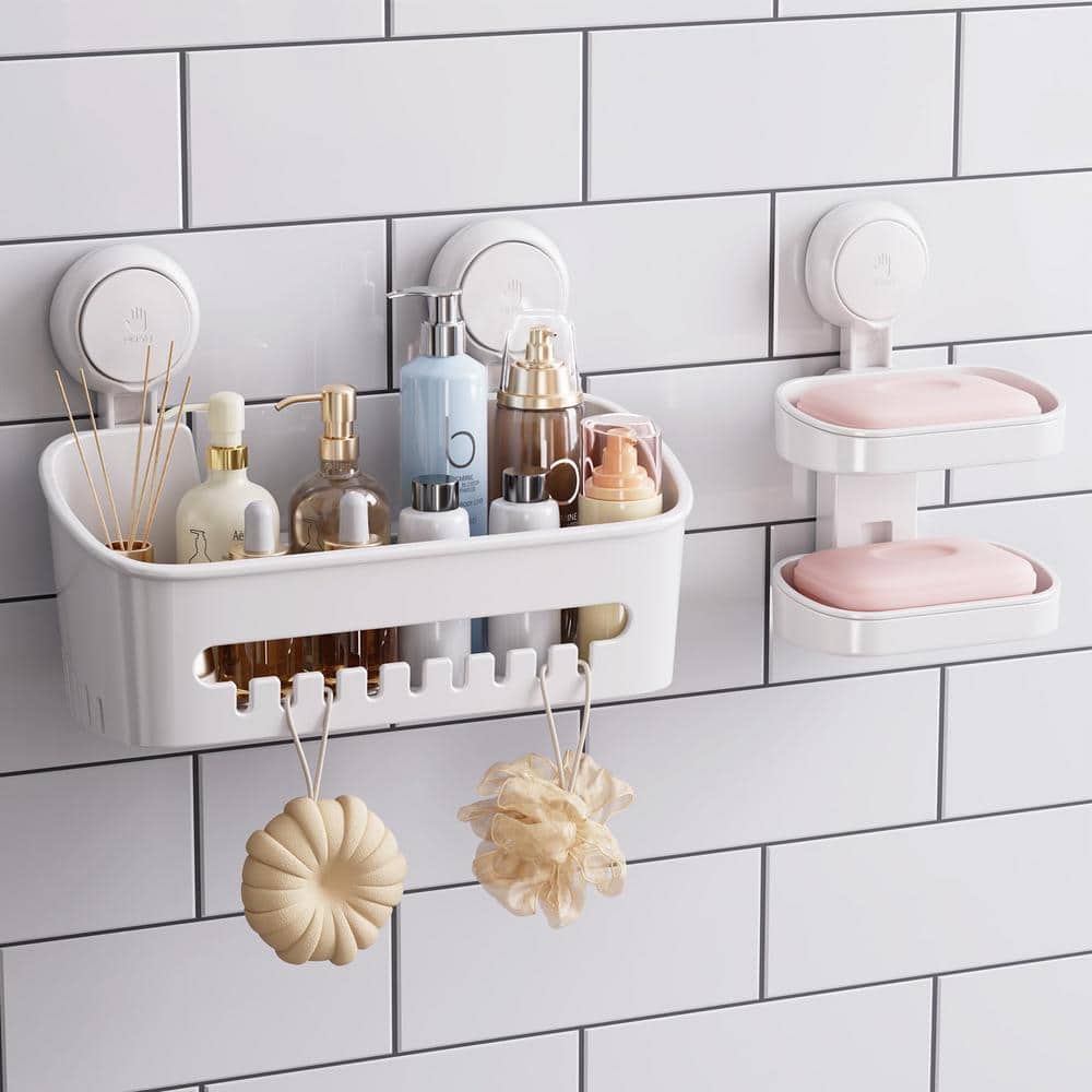 Suction Wall Mounted Bath Organizer for Shampoo, Body Wash, Plastic Shower 