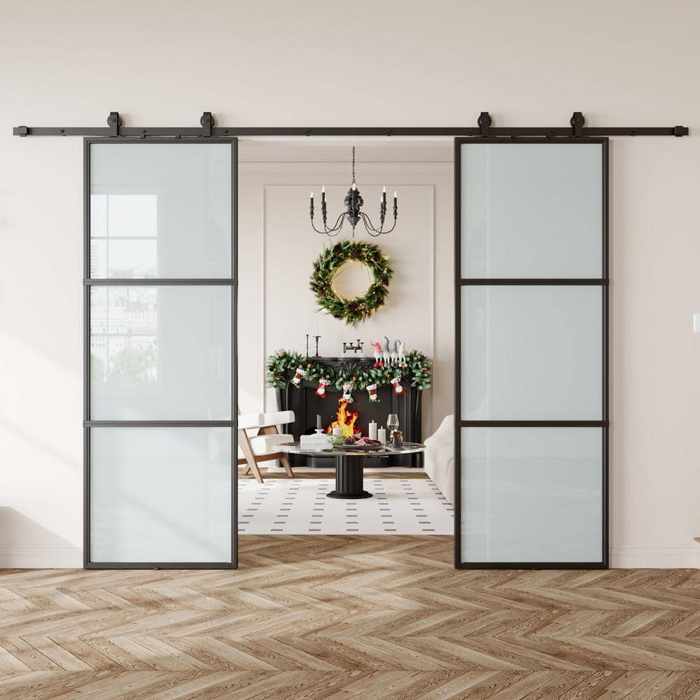 60 in. x 84 in. (Double 30 in doors) 3 Lite Frosted Glass Black Metal Frame Interior Sliding Barn Door with Hardware kit price history on PriceWatchPro