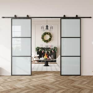 60 in. x 84 in. (Double 30 in doors) 3 Lite Frosted Glass Black Metal Frame Interior Sliding Barn Door with Hardware kit