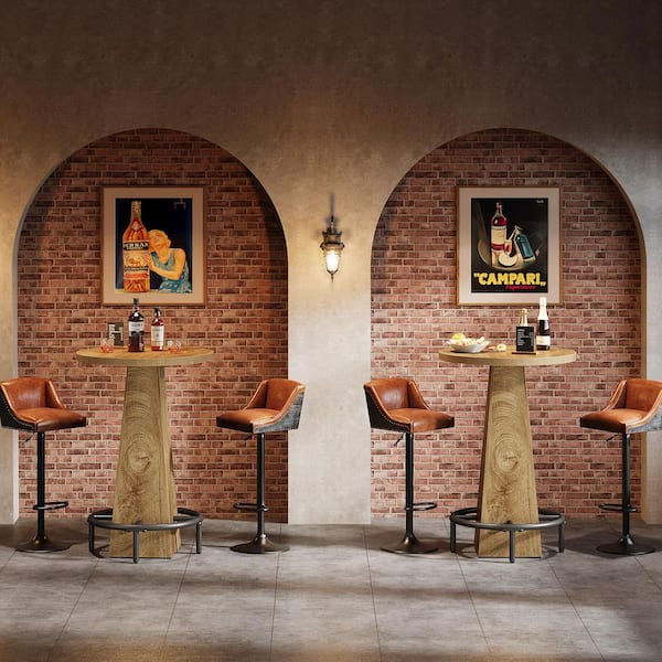 Adan 37.4 in. H Light Brown Round Bar Table Bistro Pub Table with High Top and Metal Footrest (Set of 2)