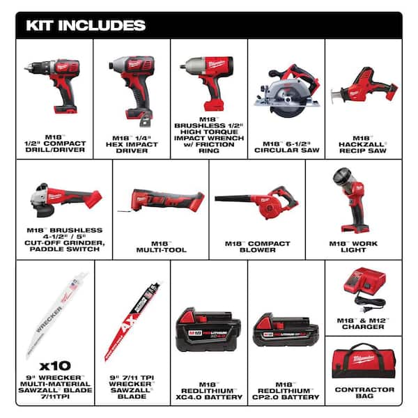 M18 18-Volt Lithium-Ion Cordless Combo Kit 9-Tool with 2-Batteries, Charger and Tool Bag w/ AX SAWZALL Blades