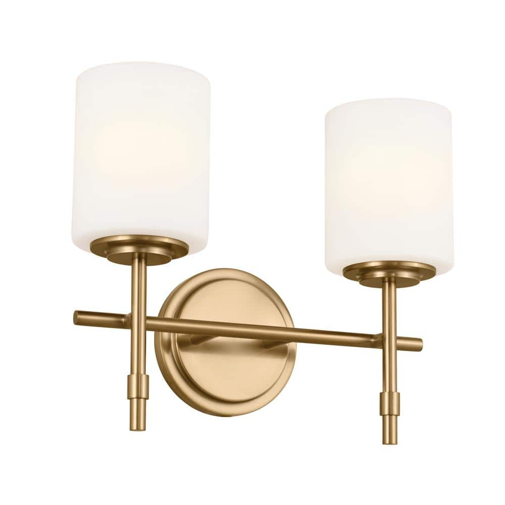 KICHLER Ali 14 in. 2-Light Brushed Natural Brass Traditional Bathroom Vanity Light with Satin Etched Case Opal Glass Shades