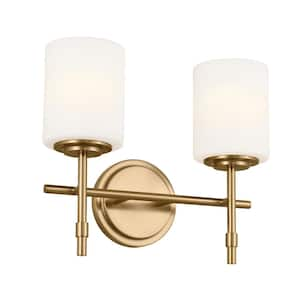 Ali 14 in. 2-Light Brushed Natural Brass Traditional Bathroom Vanity Light with Satin Etched Case Opal Glass Shades