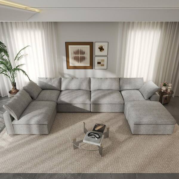 J&E Home 122 in. Flared Arm 5-Piece linen Modular Sectional