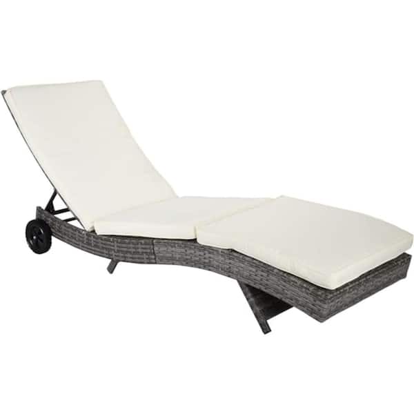 Zeus & Ruta 81.5 in. x 27.5 in. x 27.5 in. Wicker Outdoor Chaise Lounge with Off-White Cushions