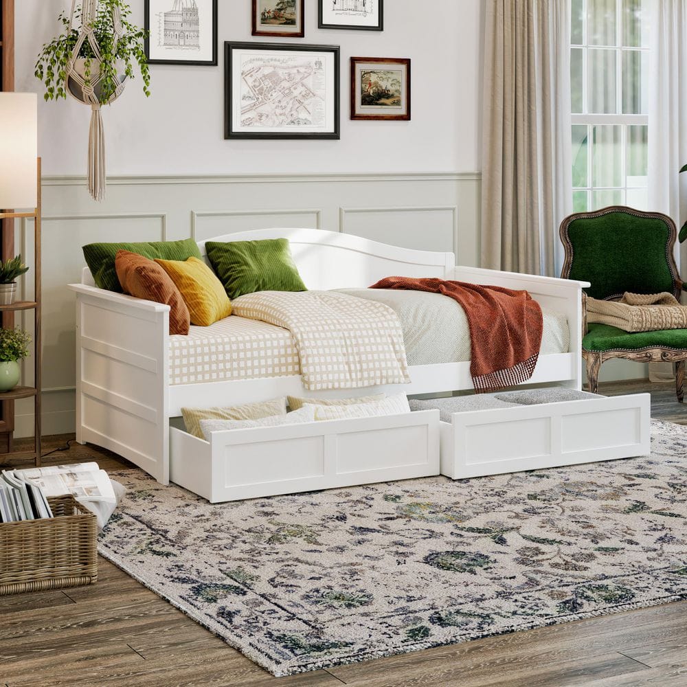 Acadia White Twin Solid Wood Daybed with Set of 2-Bed Drawers