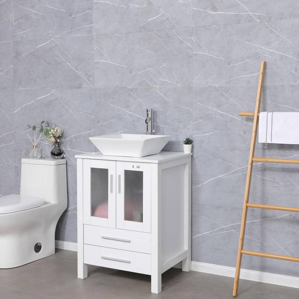 24" White MDF Bathroom Vanity with Ceramic Sink and Chrome Faucet