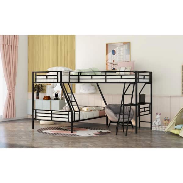 Black Metal Triple Bunk Beds With Desk, Full Double Bunk Bed With Desk