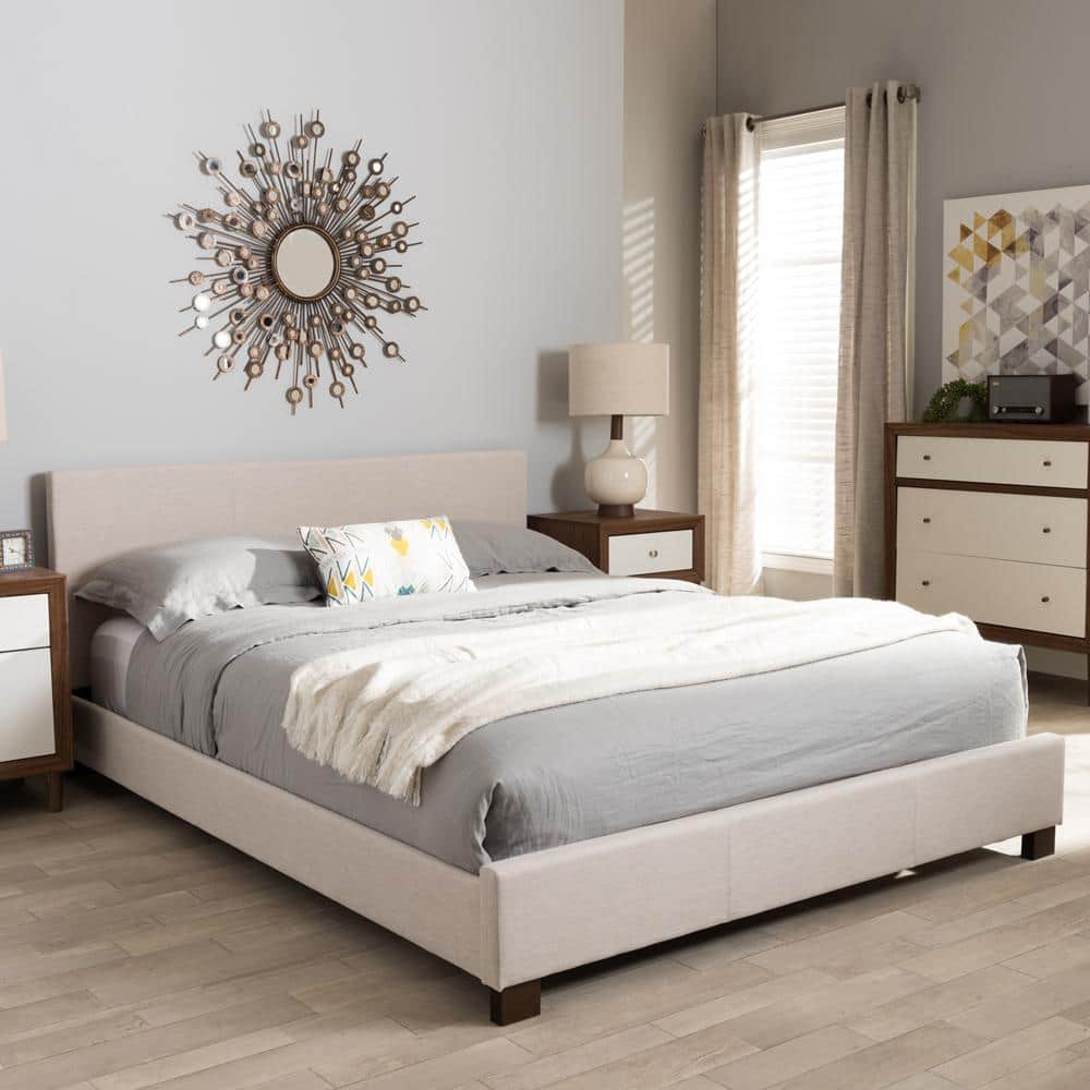 Elizabeth Beige Panel-Stitched Full Platform Bed with Upholstered Headboard