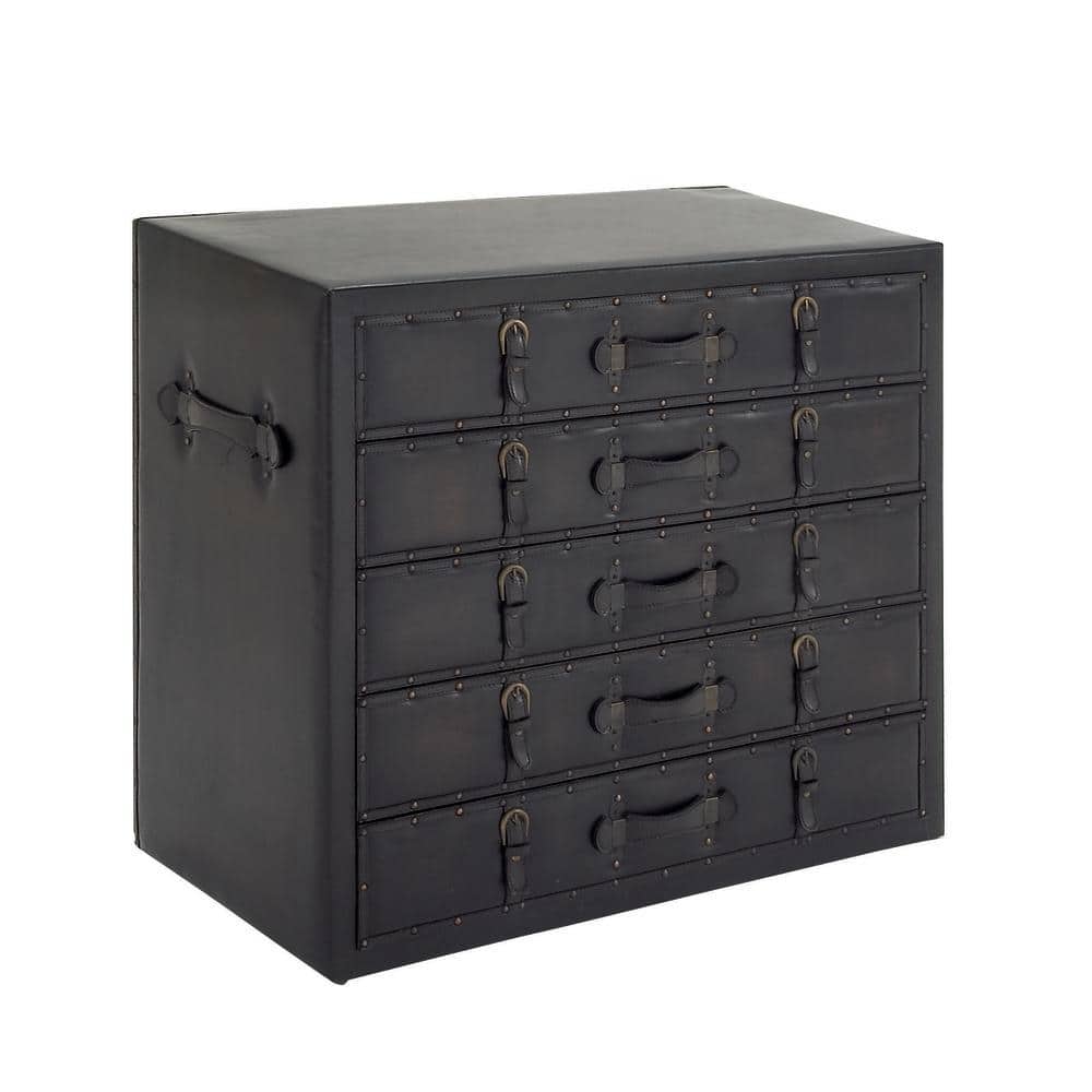 Black Wood Vintage Faux Leather Chest with Buckles and Straps