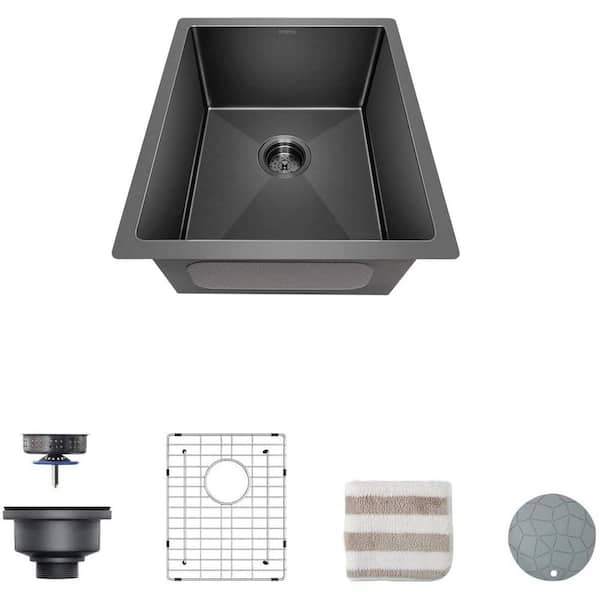 Unbranded Stainless Steel 17 in. Black Single Bowl Undermount Kitchen Sink with Bottom Grid and Kitchen Sink Drain