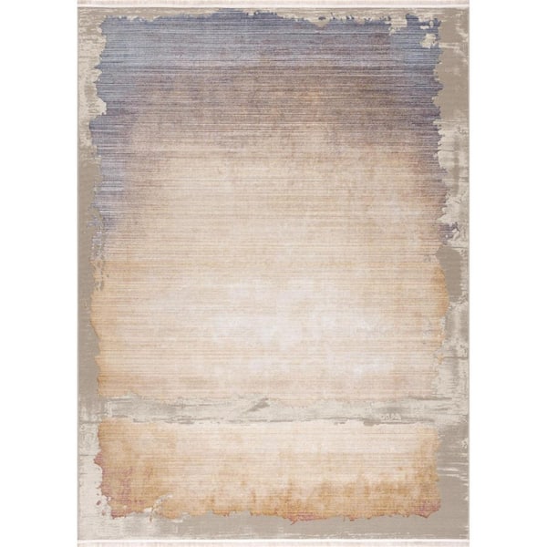 9 ft. x 12 ft. Beige and Blue Abstract Washable Non Skid Area Rug