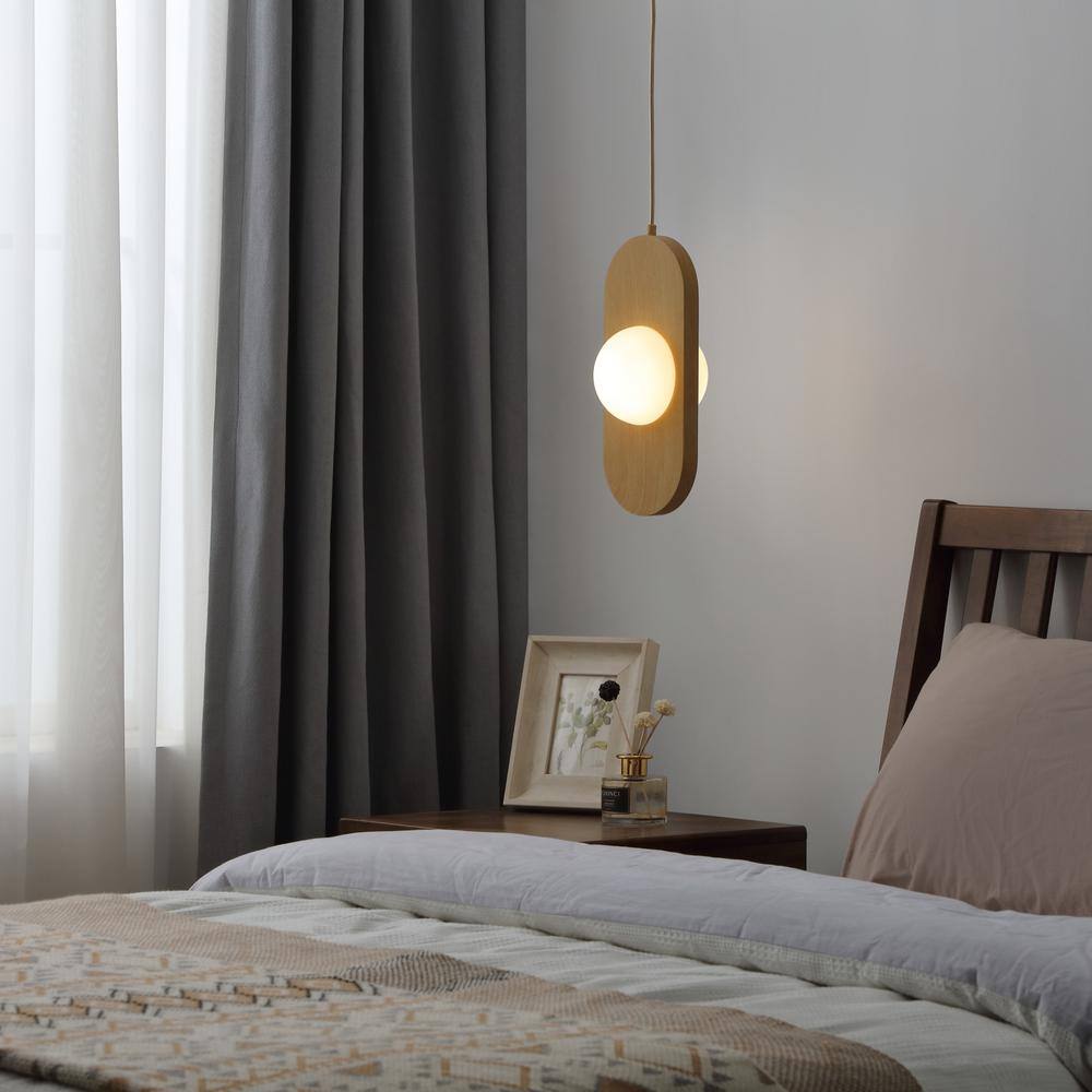 Natural Wood and Frosted Glass LED Pendant Light, 14" x 6"