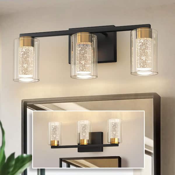 18 in. 3-Light Black and Gold LED Bathroom Vanity Light, Warm to Cool Lighting with Clear Glass for Mirror