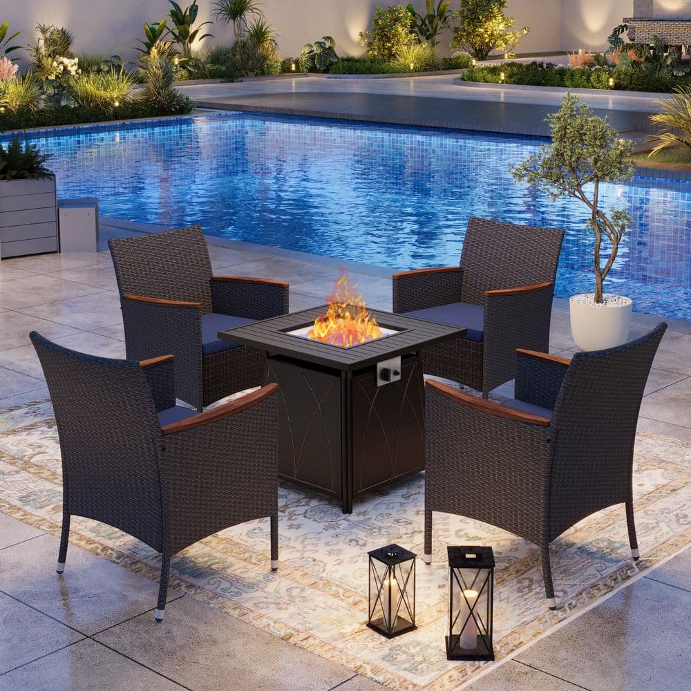 Black 5-Piece Metal Patio Fire Pit Set with Rattan Chairs with Blue Cushion price history on PriceWatchPro