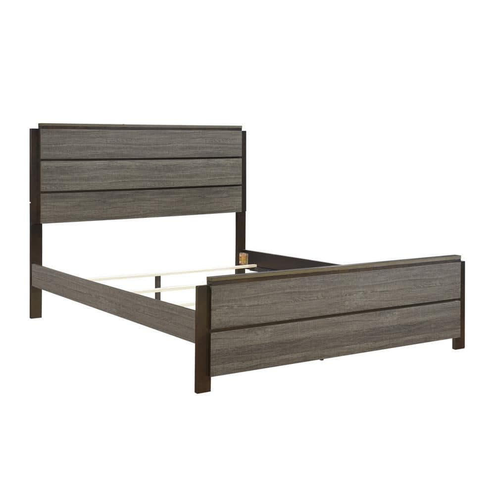 Modern Brown and Gray Wood Frame Queen Size Panel Bed with Panel Design