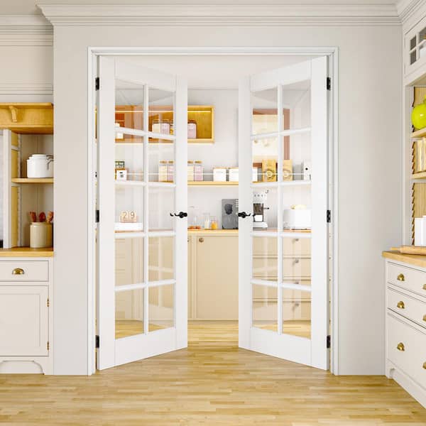 56 in. x 80 in. Universal-Hand 10-Lite Clear Glass White Solid Core Glass Double Prehung French Door Assembly Required
